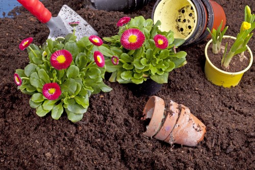 Landscape gardening in Worcester Park with a stylish patio and planted borders